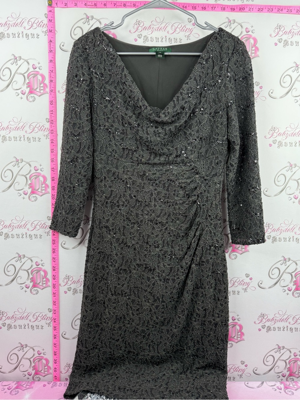 Ralph Lauren dress black beaded Charcoal Lace Cowl-Neck Long Sleeve Dress